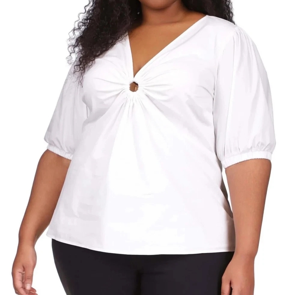 Michael Kors White Ring-Front V-Neck Puff Sleeve Top - Women